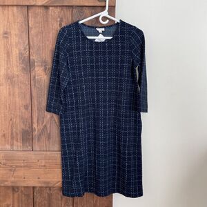 NEW J. Jill Ponte Knit Shift Dress Womens XS Navy Blue 3/4 Sleeve Plaid